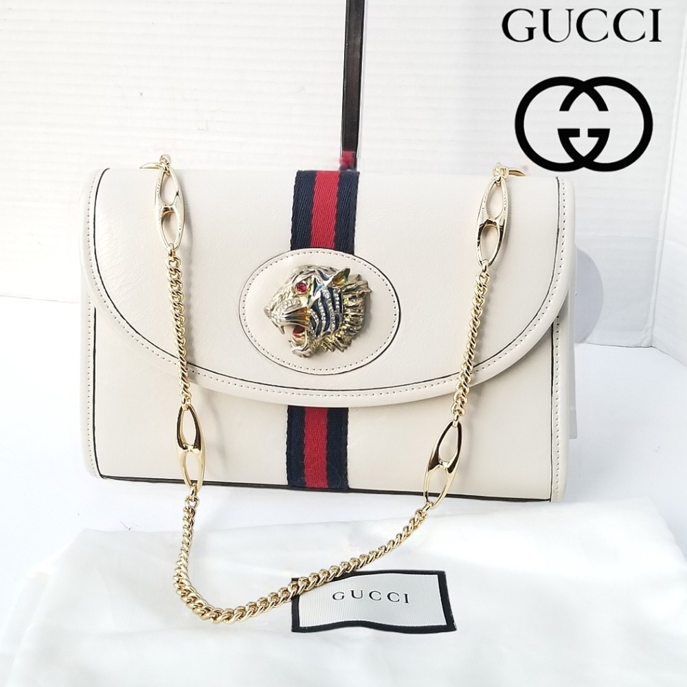 Gucci Rajah Enamel Tiger Head Stripe Webbing Leather Chain Shoulder  Bag
